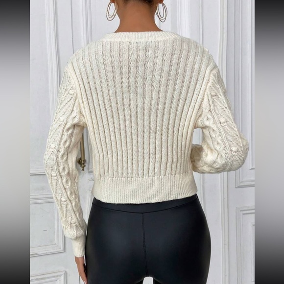 Cream black satin Bowtie Knit Tie Front Cardigan two tone sweater - Picture 4 of 4